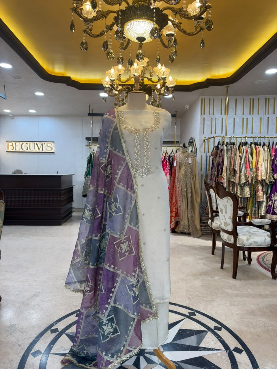 Ivory White & Purple Embroidered Tissue Silk Kurta Set with Lavender Dupatta