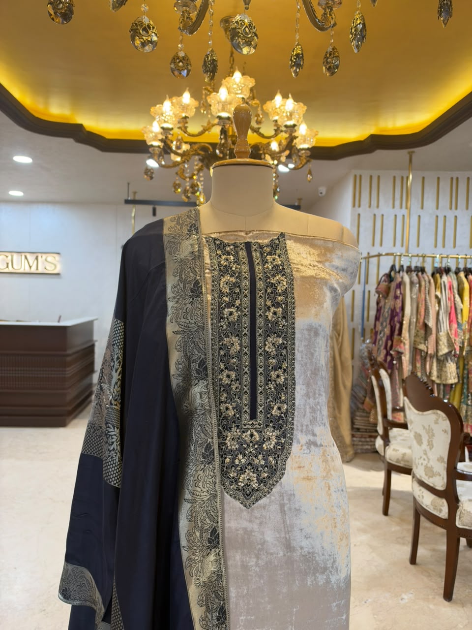 Silver Grey & Navy Blue Embroidered Velvet Silk Blend Kurta Set with Dupatta