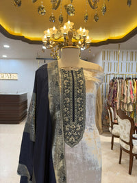 Silver Grey & Navy Blue Embroidered Velvet Silk Blend Kurta Set with Dupatta