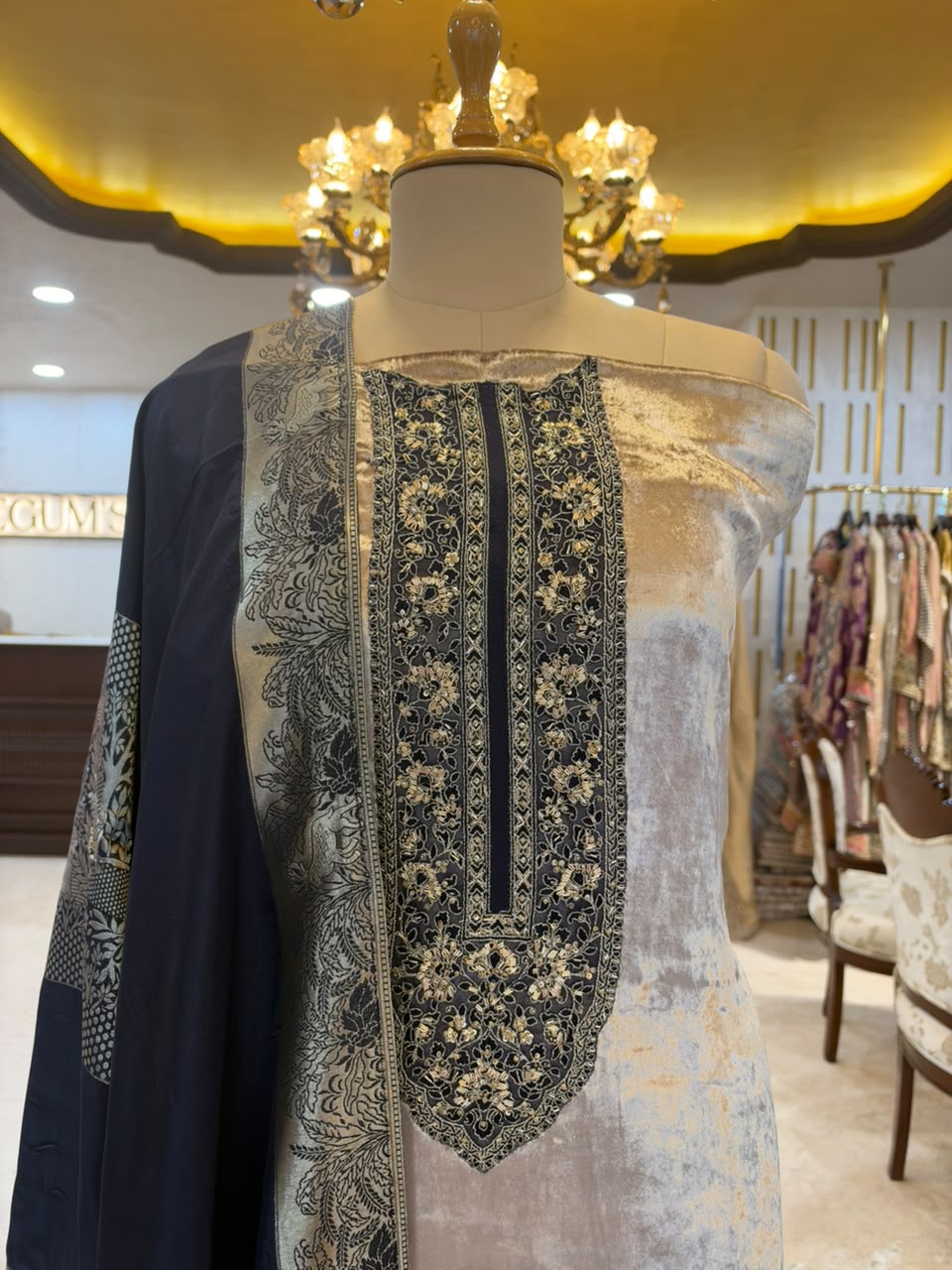 Silver Grey & Navy Blue Embroidered Velvet Silk Blend Kurta Set with Dupatta