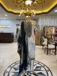 Silver Grey & Navy Blue Embroidered Velvet Silk Blend Kurta Set with Dupatta