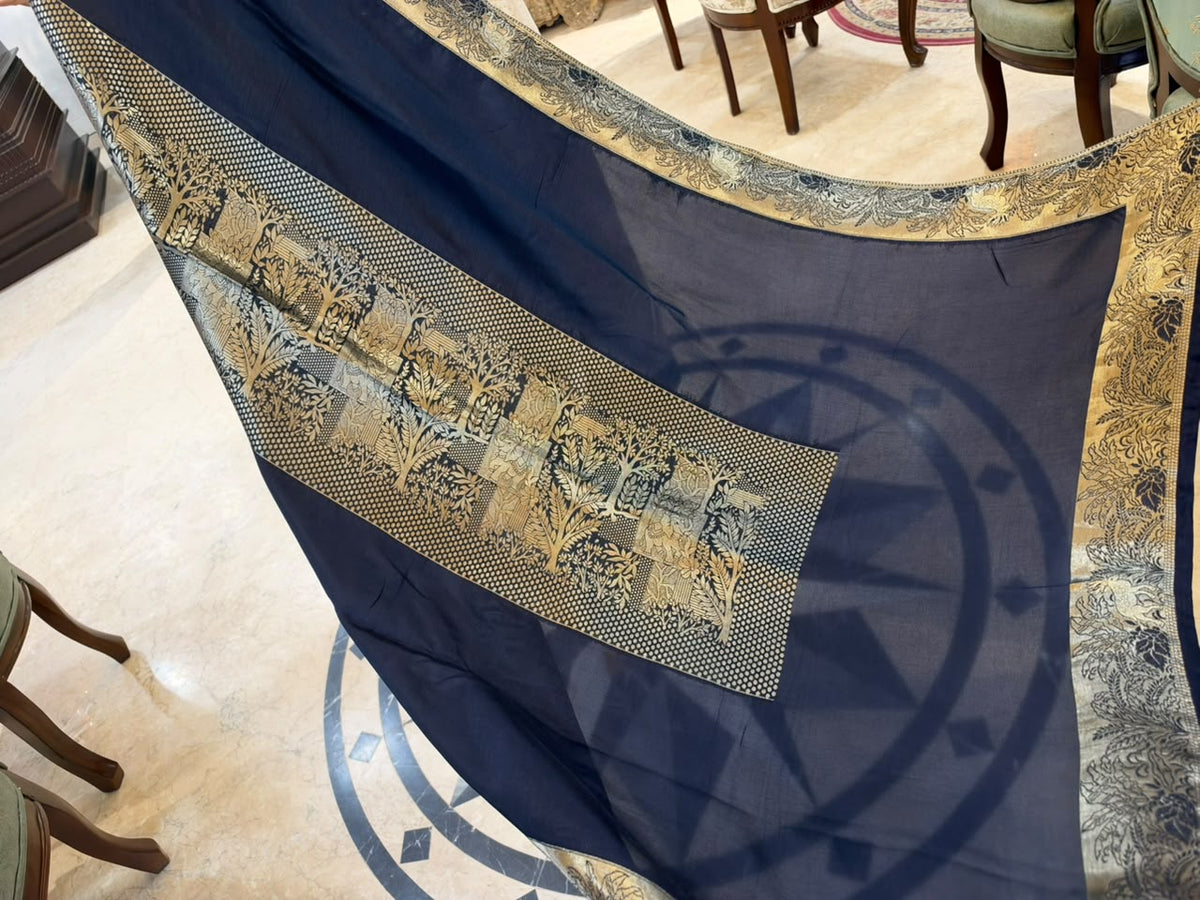 Silver Grey & Navy Blue Embroidered Velvet Silk Blend Kurta Set with Dupatta