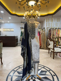 Silver Grey & Navy Blue Embroidered Velvet Silk Blend Kurta Set with Dupatta