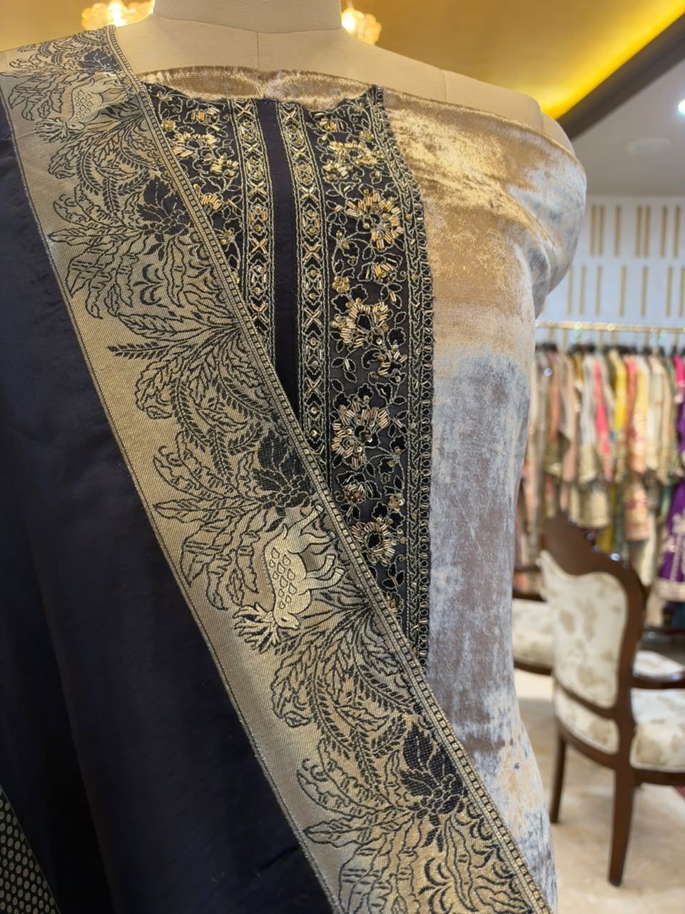 Silver Grey & Navy Blue Embroidered Velvet Silk Blend Kurta Set with Dupatta