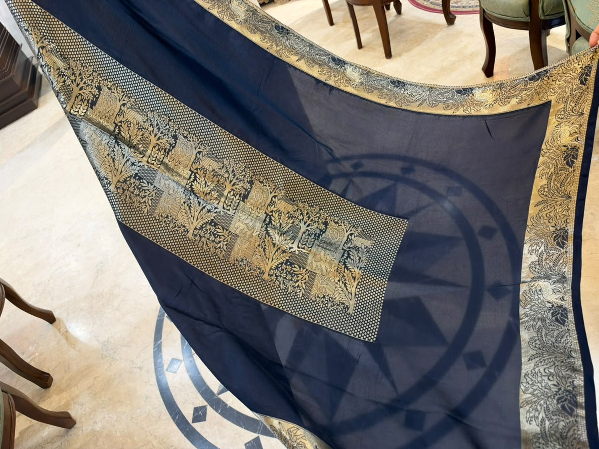 Silver Grey & Navy Blue Embroidered Velvet Silk Blend Kurta Set with Dupatta