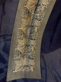 Silver Grey & Navy Blue Embroidered Velvet Silk Blend Kurta Set with Dupatta